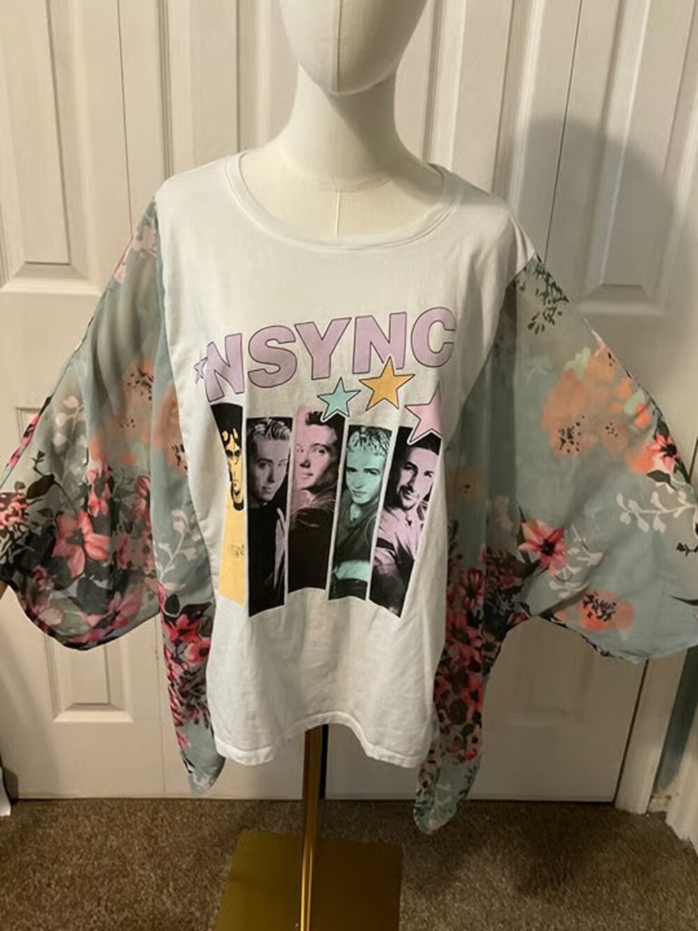 N’ Sync Upcycled Graphic T-Shirt with Flowy Floral Sleeves - OSFM